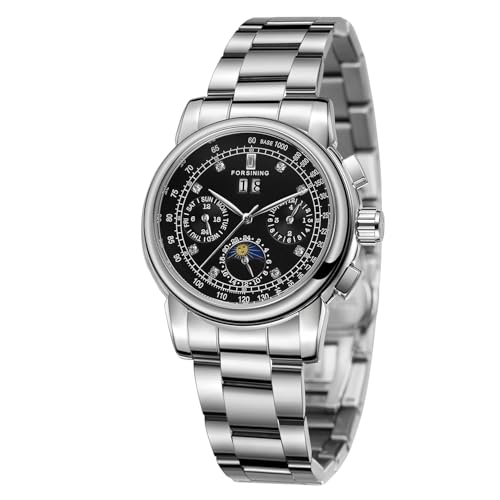 FORSINING Damen-Automatikuhr, selbstaufziehend, Kalender, Retro, Multi-Zifferblatt, Mondphasen-Armbanduhr mit Edelstahlarmband, Schwarz von FORSINING