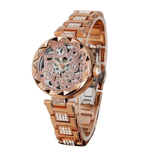FORSINING Damen-Automatikuhr mit Buchstaben-Design, Diamant-Uhrwerk, mechanische Skelettuhr (Roségold) von FORSINING
