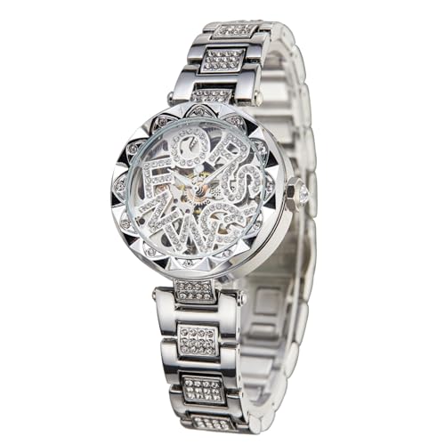 FORSINING Damen-Automatikuhr mit Buchstaben-Design, Diamant-Uhrwerk, mechanische Skelettuhr (Silber) von FORSINING