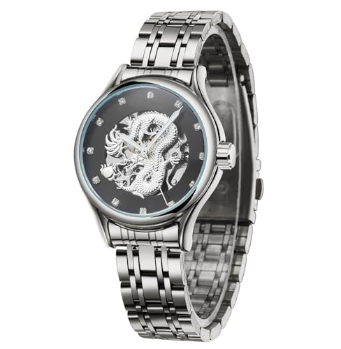 FORSINING Damenuhren Dragon Craft Automatikuhr Damen Edelstahl Skelett Wasserdicht Armbanduhr Silber von FORSINING