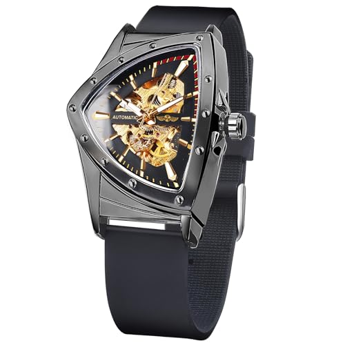 FORSINING Skelettuhr für Herren, automatische mechanische Uhr mit dreieckigem Zifferblatt, leuchtend, selbstaufziehend, Edelstahl-Armband oder weiches Silikon-Armband, Schwarz / Gelb FORSINING Skelettuhr für Herren, automatische mechanische Uhr mit dreieckigem Zifferblatt, leuchtend, selbstaufziehend, Edelstahl-Armband oder weiches Silikon-Armband, Schwarz / Gelb von FORSINING