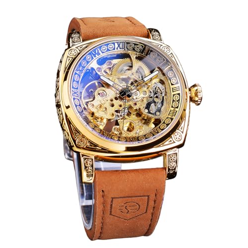 FORSINING Fancy Uhren für Männer, quadratische Retro mechanische Uhr Self-Wind geschnitzt, Gear Uhrwerk Golden Skelett Automatische Uhren Vintage Lederarmband Armbanduhr von FORSINING
