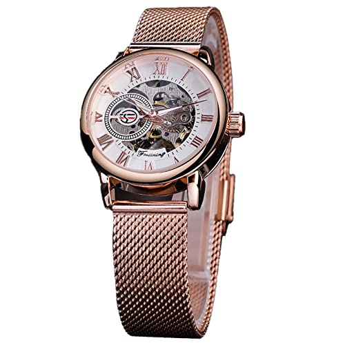 FORSINING Frauen Automatische mechanische Uhr Luxus Skelett Goldenes Zifferblatt Edelstahl Mesh Band Römische Ziffern Selbstaufzug Uhr, Rotgoldfarben, Armband von FORSINING