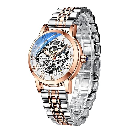 FORSINING Automatische mechanische Damenuhr, rotgoldenes Edelstahlband, luxuriöses Skelett-Zifferblatt, elegante Damen-Armbanduhr, 88303, Armband von FORSINING
