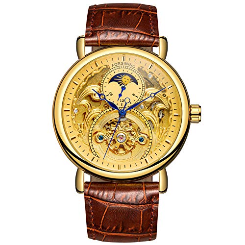 FORSINING Herren Analog Automatik Uhr Vintage AM/PM Sonne Mond Skeleton mit Kalbsleder aus Leder Armband, Gold von FORSINING