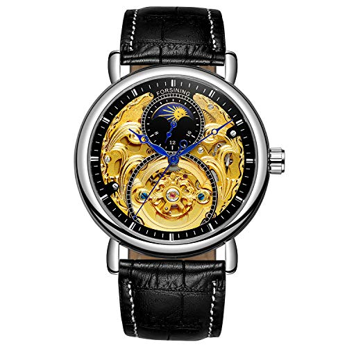 FORSINING Herren Analog Automatik Uhr Vintage AM/PM Sonne Mond Skeleton mit Kalbsleder aus Leder Armband, Silber Schwarz von FORSINING