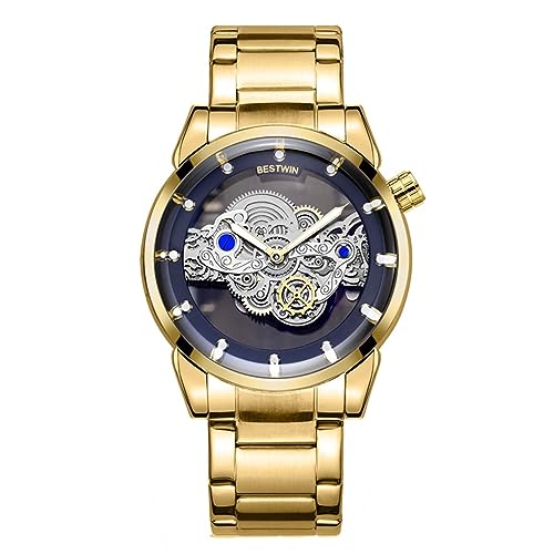 FORSINING Herren Analog Quarzuhr Edelstahl Transparent Skelett Luxus Großes Zifferblatt Männer Business Armbanduhr Wasserdicht, Goldfarben / Schwarz von FORSINING