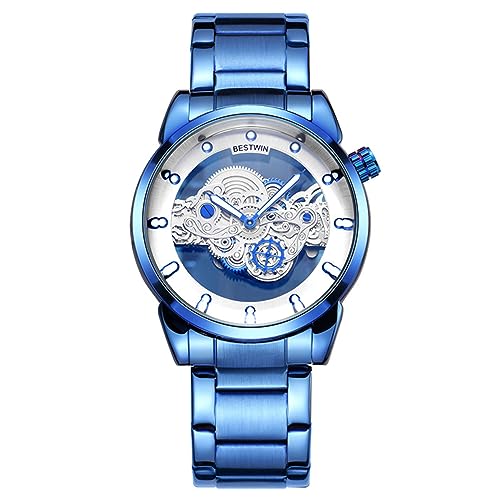 FORSINING Herren Analog Quarz Uhr Edelstahl Transparent Skelett Luxus Großes Zifferblatt Männer Business Armbanduhr Wasserdicht, blau, Armband von FORSINING