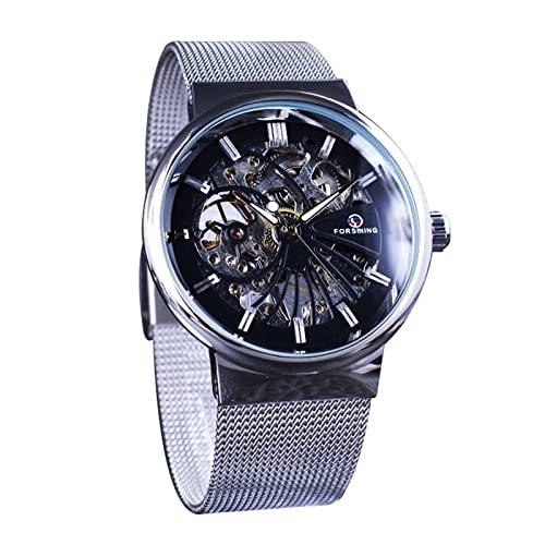 FORSINING Herren-Armbanduhr, Skelett-Zifferblatt, luxuriös, mechanische Uhren, Sport-Armbanduhr, Herren-Automatikuhr, Mesh-Edelstahl, silber, schwarz von FORSINING