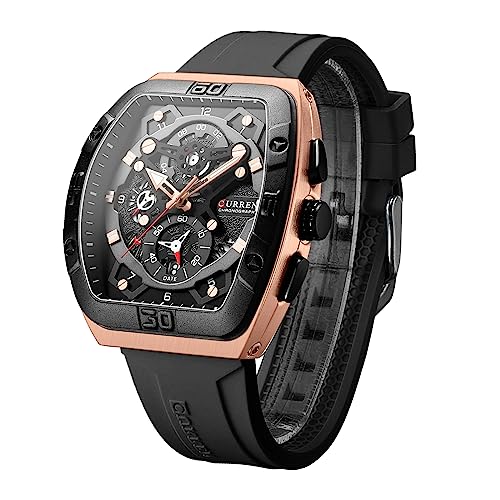 FORSINING Herren-Armbanduhr, analog, Quarz, Skelett, rechteckiges Zifferblatt, legere Armbanduhr, Silikonband, wasserdicht, Militäruhr, Datumsanzeige, Schwarz , Armband von FORSINING