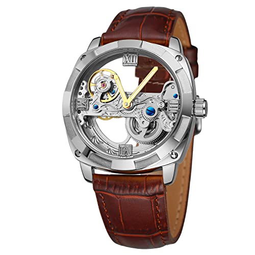 FORSINING Herren-Armbanduhr, automatisch, mechanisch, Skelett, analog, lässig, mit Lederarmband, Silber und Braun, Classic von FORSINING