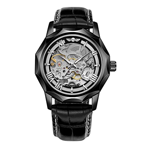 FORSINING Herren-Armbanduhr, automatisch, mechanisch, Dodekagon, Skelett, römische Ziffern, echtes Lederband, Tourbillon-Armbanduhr, Schwarz, Classic von FORSINING