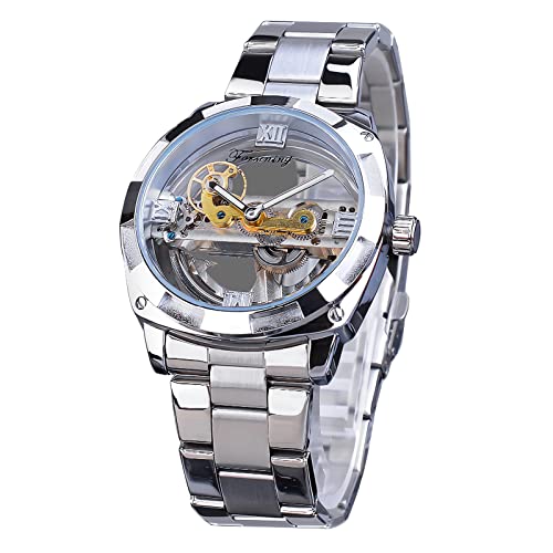 FORSINING Herren-Armbanduhr, modisch, transparentes Zifferblatt, automatische Armbanduhr, klassisches Skelett, mechanische Armbanduhr, Edelstahl, wasserdicht, silber von FORSINING