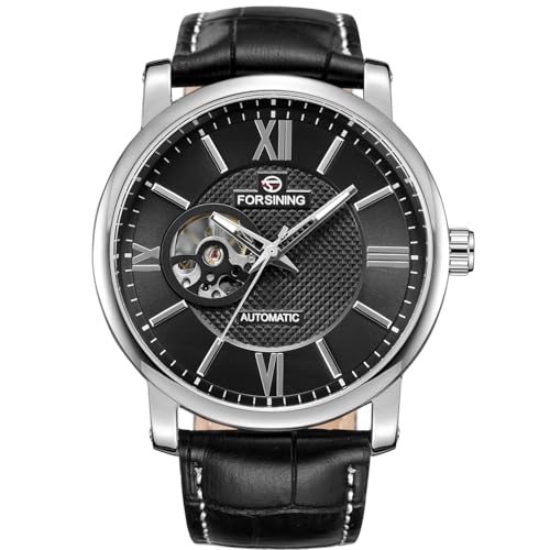 FORSINING Herren-Armbanduhr, selbstaufziehend, mechanisch, modisch, großes Zifferblatt, Lederband, Schwarz (3), Classic von FORSINING