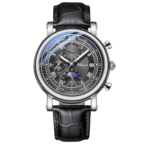 FORSINING Herren-Armbanduhr Analog Herren Business Armbanduhr Leder Mondphase Design Uhren Alltag Wasserdicht Chronograph, Silber Schwarz, Gürtel FORSINING Herren-Armbanduhr Analog Herren Business Armbanduhr Leder Mondphase Design Uhren Alltag Wasserdicht Chronograph, Silber Schwarz, Gürtel von FORSINING