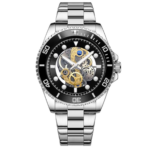 FORSINING Herren Armbanduhr Quarz Analog Armbanduhr 22mm Edelstahl Armband Skelett Großes Zifferblatt Mode Business Kleid Leuchtend Wasserdicht, Schwarz von FORSINING