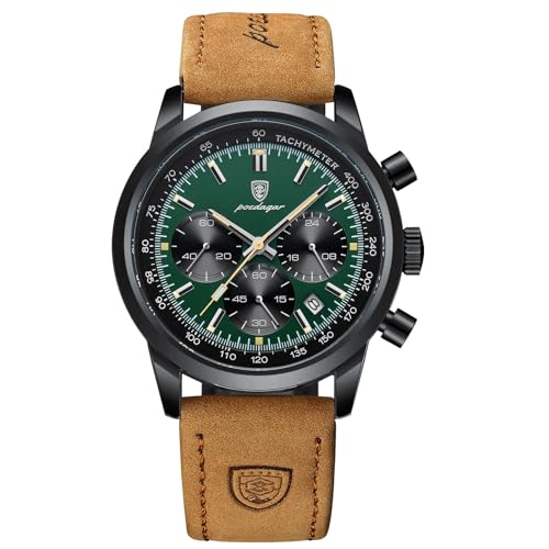 FORSINING Herren Armbanduhr Quarz Analog Armbanduhr Lederband Casual Sport Chronograph Uhren Leuchtend Wasserdicht Datumsanzeige, grün, Gurt von FORSINING