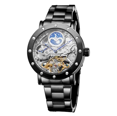 FORSINING Herren Automatik Wasserdicht Retro Tourbillon Steampunk Uhr Mode Mondphase Armbanduhr mit Edelstahl Armband Schwarz FORSINING Herren Automatik Wasserdicht Retro Tourbillon Steampunk Uhr Mode Mondphase Armbanduhr mit Edelstahl Armband Schwarz von FORSINING
