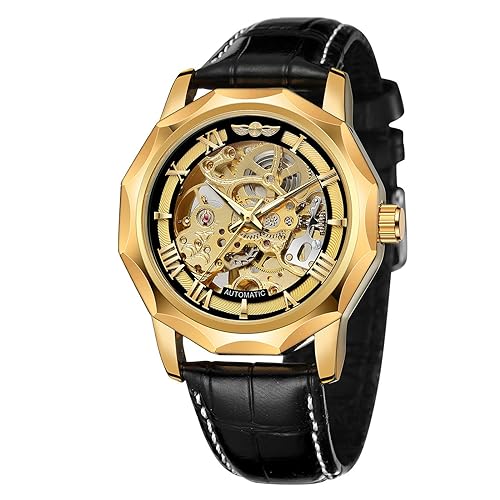 FORSINING Herren Automatikuhr, Skelett Mechanische Handaufzug Armbanduhr Echtes Lederband Römische Ziffern Zifferblatt Casual Uhren, Goldfarben / Schwarz von FORSINING