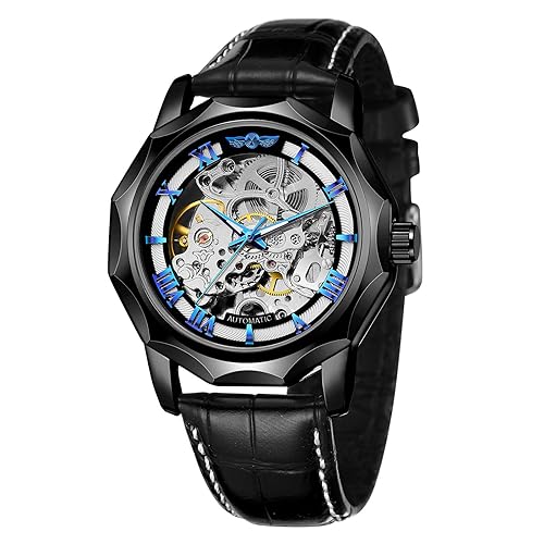 FORSINING Herren-Automatikuhr, Skelett-Armbanduhr, mechanisch, mit Handaufzug, echtes Lederband, römische Zifferblätter, lässige Uhren, schwarzblau, Armband von FORSINING