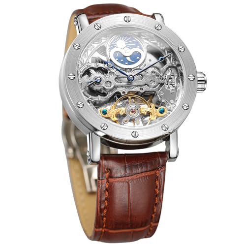 FORSINING Herren-Automatikuhr, selbstaufziehend, Tourbillon, analoges Skelett-Uhrwerk, Mondphasen-Armbanduhr mit echtem Lederarmband von FORSINING
