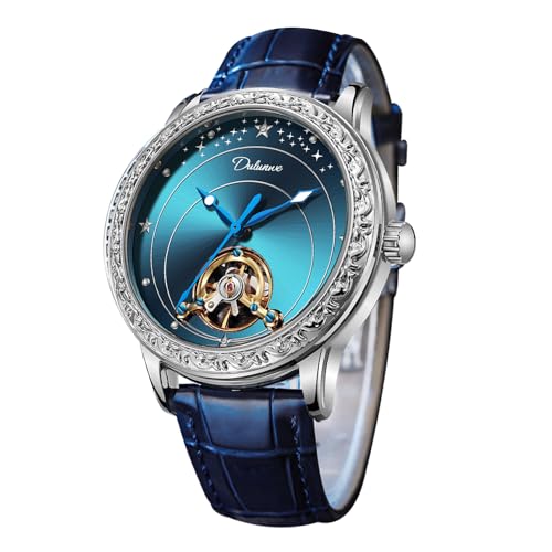 FORSINING Herren-Automatikuhr, leger, mechanischer Handaufzug, Lederband, Tourbillon, großes Zifferblatt, leuchtend, modisch, Business-Uhren, blau, Armband von FORSINING