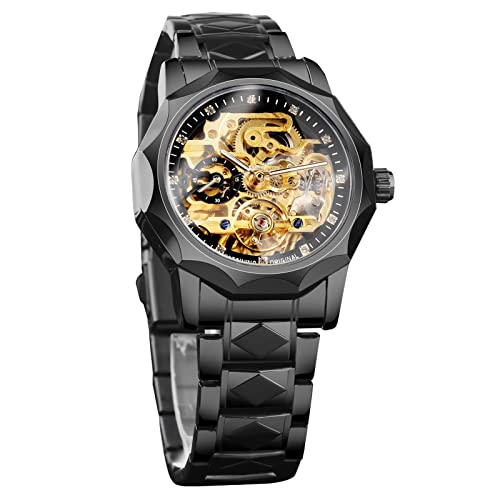 FORSINING Herren Automatikuhr Mechanische Skelett Tourbillon Uhren Mode Business Wasserdichte Armbanduhr Luxus Diamant Zifferblatt, Schwarz , Armband von FORSINING