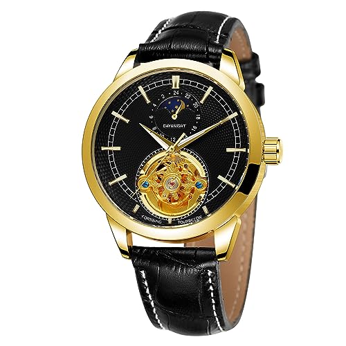 FORSINING Herren Automatikuhr Mondphase Skelett Großes Zifferblatt Mechanische Armbanduhr Casual Business Uhren Leder Wasserdicht, Goldfarben / Schwarz von FORSINING