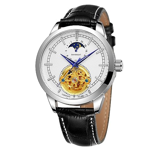 FORSINING Herren Automatikuhr Mondphase Skelett Großes Zifferblatt Mechanische Armbanduhr Casual Business Uhren Leder Wasserdicht, weiß von FORSINING