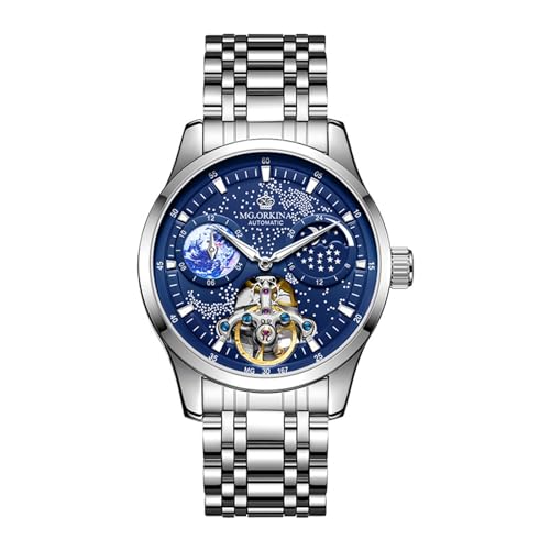 FORSINING Herren-Automatikuhr, Mondphase, Sternenhimmel, großes Zifferblatt, mechanische Handaufzugs-Armbanduhr, Tourbillon Luminoius Uhren, blau, Armband von FORSINING