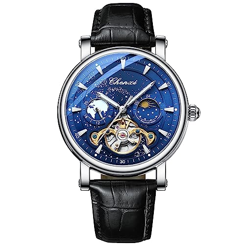 FORSINING Herren Automatikuhr Mondphase Tourbillon Skelett Herren Armbanduhr Lederband Mechanische Handaufzug Uhren Sternenhimmel Design Zifferblatt, blau von FORSINING