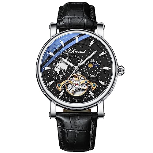 FORSINING Herren Automatikuhr Mondphase Tourbillon Skelett Herren Armbanduhr Lederband Mechanische Handaufzug Uhren Sternenhimmel Design Zifferblatt, silber, schwarz von FORSINING