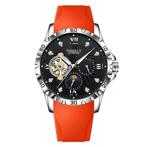 FORSINING Herren-Automatikuhr, Tourbillon, Mondphasen-Design, mechanische Uhren, modisch, Business-Armbanduhr, luxuriöse Diamanten, leuchtend, Orange, Armband von FORSINING
