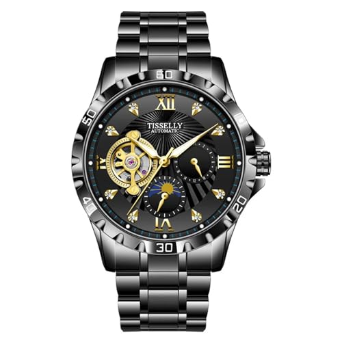 FORSINING Herren-Automatikuhr, Tourbillon, Mondphasen-Design, mechanische Uhren, modisch, Business-Armbanduhr, luxuriöse Diamanten, leuchtend, Schwarz , Armband von FORSINING