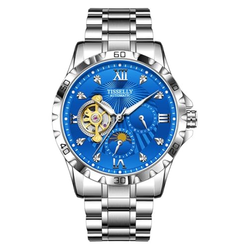 FORSINING Herren-Automatikuhr, Tourbillon, Mondphasen-Design, mechanische Uhren, modisch, Business-Armbanduhr, luxuriöse Diamanten, leuchtend, blau, Armband von FORSINING