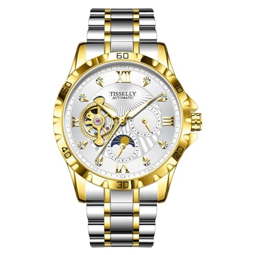 FORSINING Herren-Automatikuhr, Tourbillon, Mondphasen-Design, mechanische Uhren, modisch, Business-Armbanduhr, luxuriöse Diamanten, leuchtend, gold, Armband von FORSINING