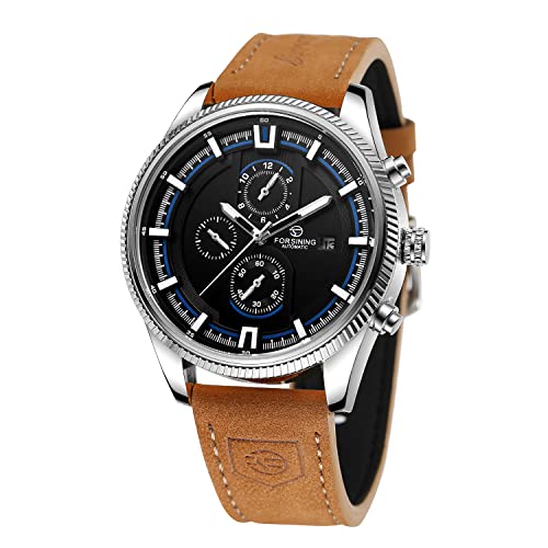 FORSINING Herren Automatik Tourbillon Wasserdicht Kalender mit braunem Lederband Armbanduhr, Schwarz und Braun2, Casual von FORSINING