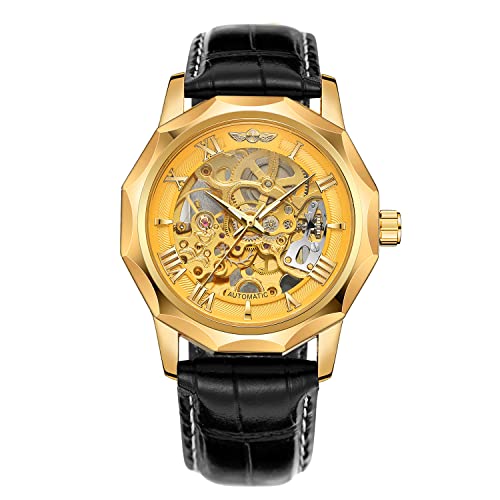 FORSINING Herren automatische mechanische Dodecagon Uhr Skelett römische Ziffern echtes Lederband Tourbillon Armbanduhr, Gold, Klassisch von FORSINING