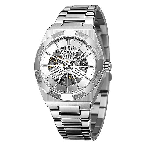 FORSINING Herren Dressing Analog Uhren Wasserdicht Automatische Armbanduhr mit Edelstahl Armband, silberfarben/weiß, Modern von FORSINING