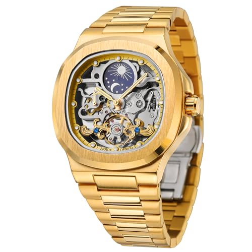 FORSINING Herren Luxus Automatik Selbstaufzug Skelett Analog Sonne und Mond Uhr mit Edelstahl Armband, Gold2, Classic von FORSINING