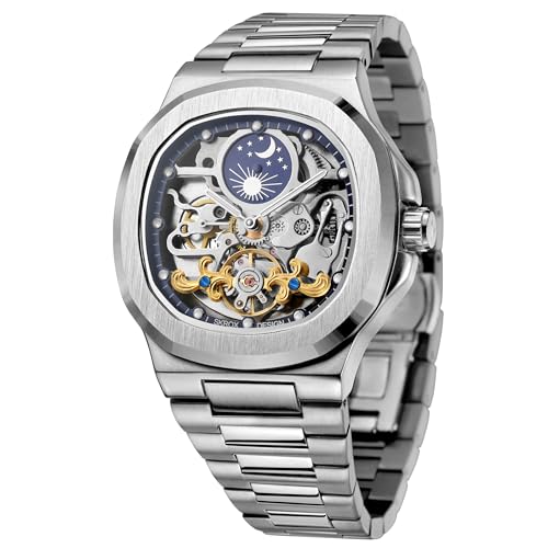 FORSINING Herren Luxus Automatik Selbstaufzug Skelett Analog Sonne und Mond Uhr mit Edelstahl Armband, silber, Classic von FORSINING