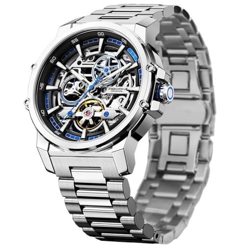 FORSINING Herren Luxus Automatik Skelett Mechanische Uhr Industriestil Selbstaufzug Hohl Uhren mit Tourbillon & Leuchtfunktion Edelstahlband Herren Armbanduhr, Blau von FORSINING