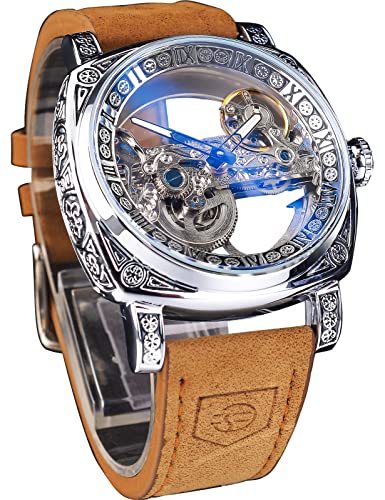 FORSINING Herren Luxus Square Carving Mechanische Uhr Retro Totem Doppelseitig Hohl Skelett Selbstaufzug Automatik Uhren Vintage Lederband Armbanduhr, silber, Mechanisch von FORSINING