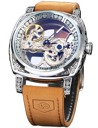 FORSINING Herren-Armbanduhr, luxuriös, quadratisch, geschnitzt, mechanisch, Retro-Totem, doppelseitig, hohl, Skelett, selbstaufziehend, Automatikuhren, Vintage-Lederarmband, silber, Mechanisch von FORSINING