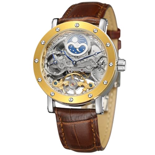 FORSINING Herren Mechanische Automatikuhren Tourbillon Skelett Uhr Mode Mondphase Armbanduhr mit Echtlederarmband von FORSINING