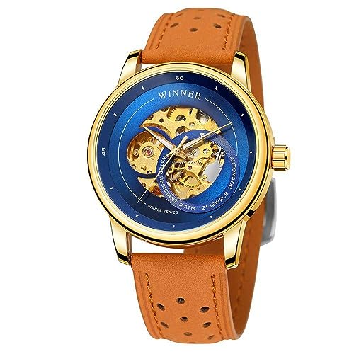 FORSINING Herren Mechanische Uhr Automatische Handaufzug Armbanduhr Lederband Skelett Großes Zifferblatt Wasserdicht Herren Business Uhren, blau von FORSINING