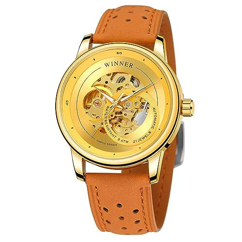 FORSINING Herren Mechanische Uhr Automatische Handaufzug Armbanduhr Lederband Skelett Großes Zifferblatt Wasserdicht Herren Business Uhren, gold von FORSINING