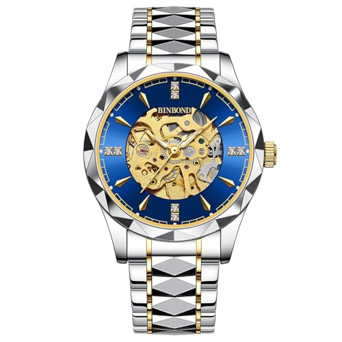 FORSINING Herren Mechanische Uhr Automatische Selbstaufzug Skelett Armbanduhr Edelstahl Klassische Diamant Zifferblatt Herren Business Armbanduhr, Blaugold von FORSINING