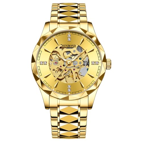 FORSINING Herren Mechanische Uhr Automatische Selbstaufzug Skelett Armbanduhr Edelstahl Klassische Diamant Zifferblatt Herren Business Armbanduhr, gold von FORSINING