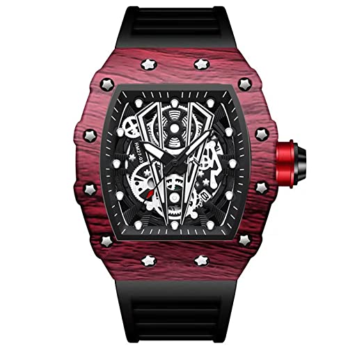 FORSINING Herren Mode Quarzuhr Skelett Rechteck Großes Zifferblatt Analog Herren Armbanduhr Uhr Casual Business Silikon Armband Militär Uhren, Rot B, Gurt von FORSINING